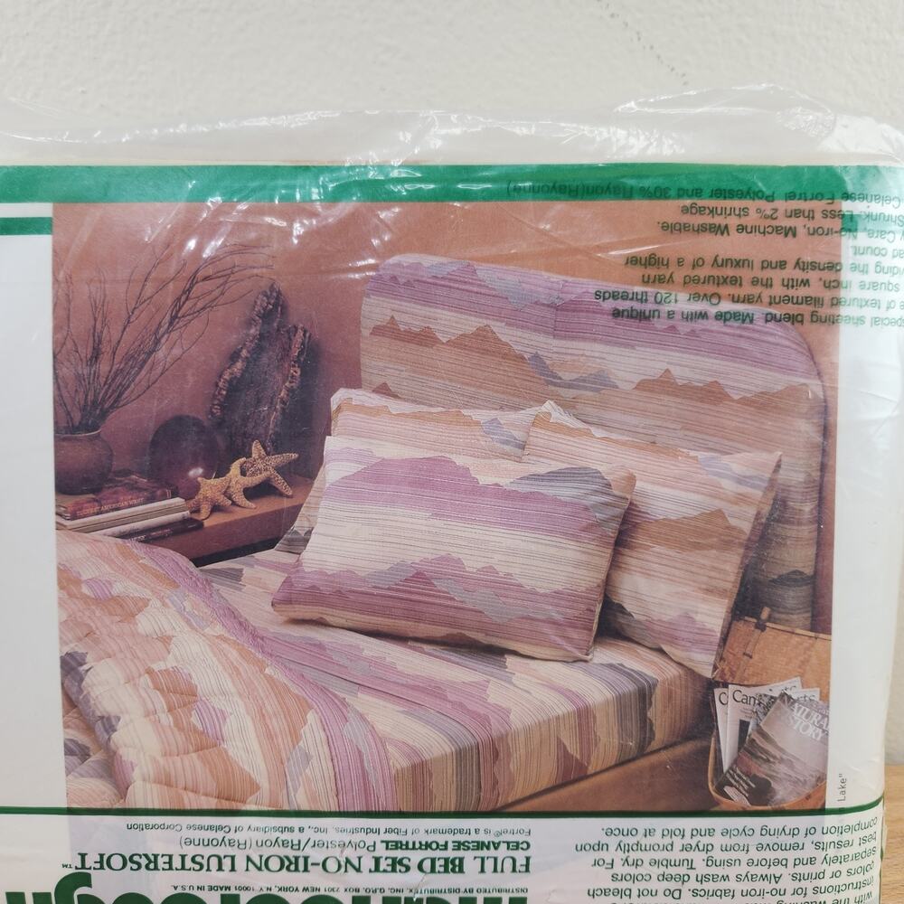 Vintage 70s Burlington Marlborough Mountain Lake Full 4 Piece Sheet Set